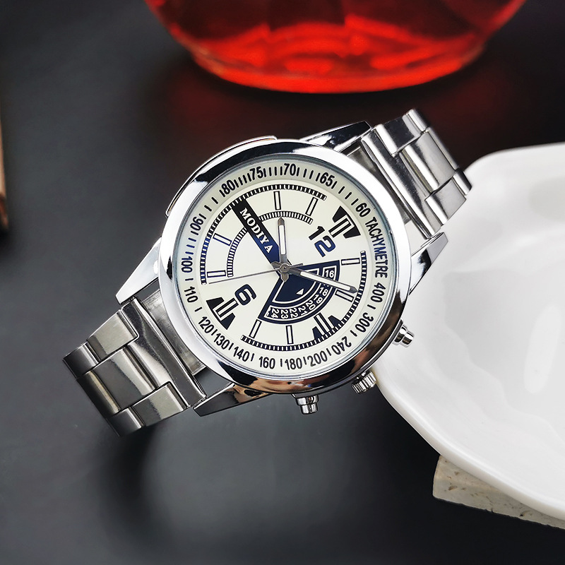 2023 Novo Relógio Masculino Falso Calendário Mais Vendido Negócios Lazer Vidro Luz Azul Relógio Quartzo Masculino Pulseira de Aço Relógio_voghion.com