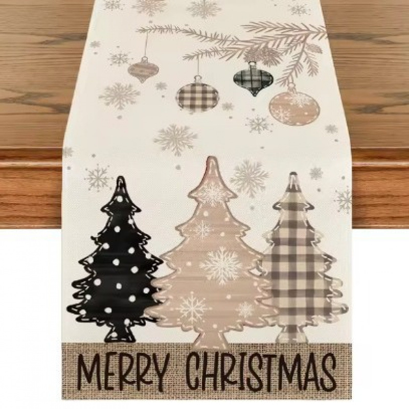 Camino de mesa navideño con estampado de muñeco de nieve y Santa