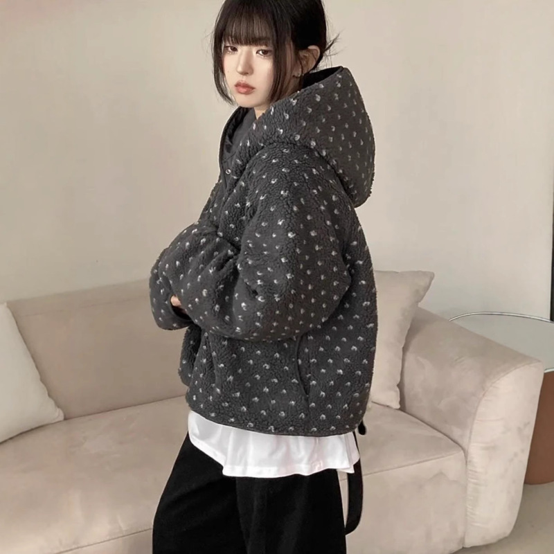 In Stock ~ Korean Niche Winter Hooded Korean Style Reversible Lamb Wool Quilted Thick Jacket for Women Casual