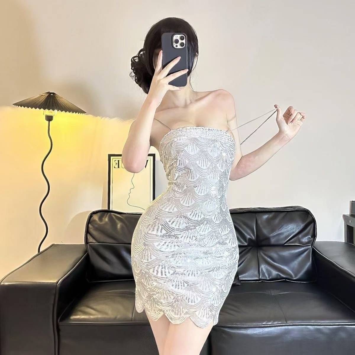 French-Style Sequin Strapless Bodycon Dress Set, Backless Slim-Fit Silver Camisole Costume — detail image 4