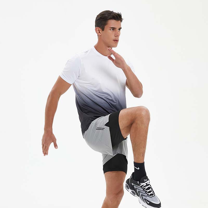 Deportes al aire libre de los hombres de secado rápido camiseta suelta más tamaño gradiente color fitness correr transpirable alto elástico cuello redondo manga corta ADU