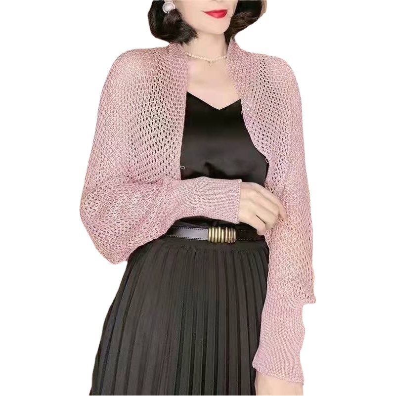 Thin Summer Sun Protection Clothing, Solid Color Women's Knitted Cardigan, Korean Style Student Long-Sleeved Loose Hollow-Out Jacket, Women's Cardigan