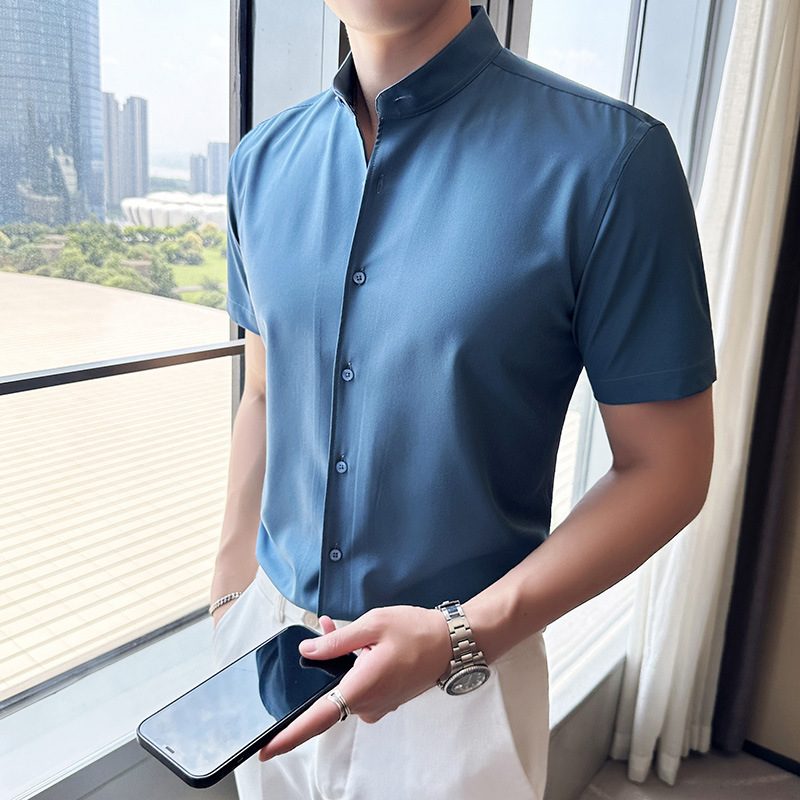 Tiktok actualizado verano nuevos hombres camisa de manga corta de moda coreana juventud tapeta oscura pequeño collar de pie camisa casual