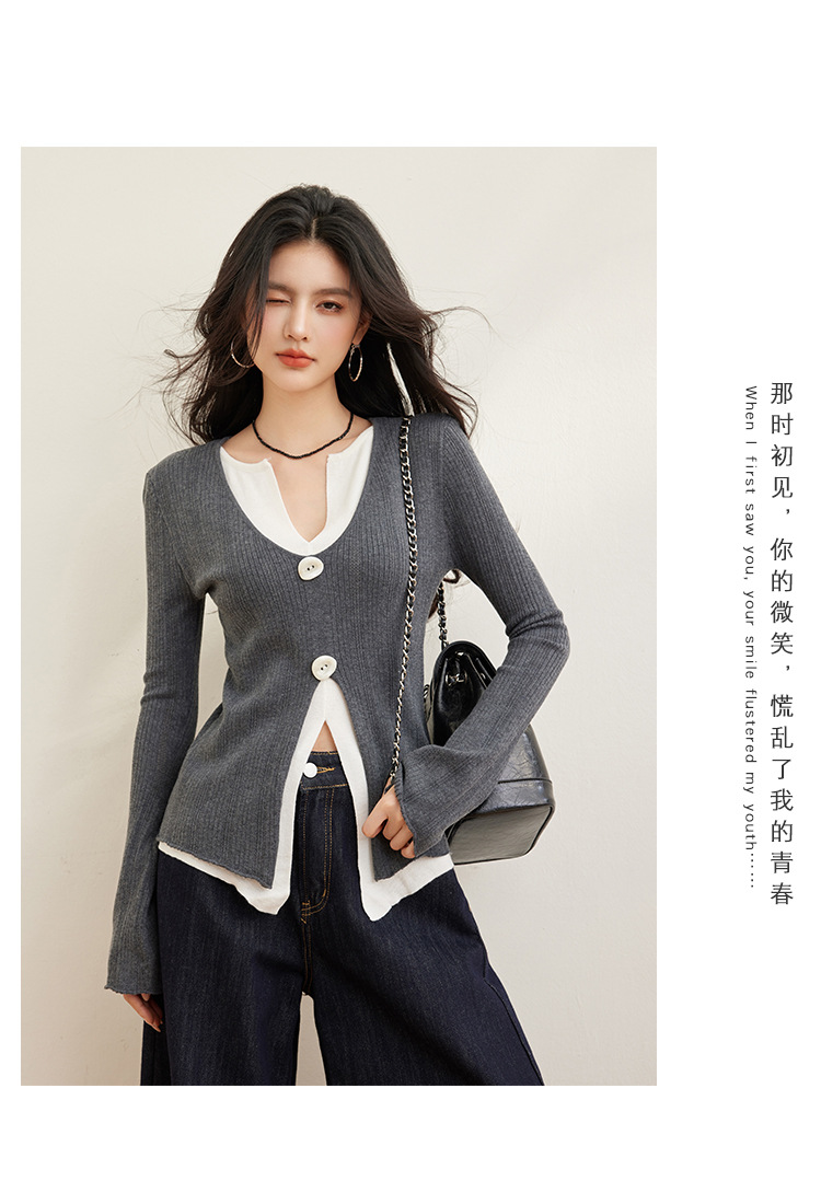Early Spring New Fake Two Pieces Contrasting Color Design V-Neck Irregular Waist Thin Knitted Top Women 16 O1Cn01Vfjrus1M2G0X1Ticp !!3434201376 0 Cib