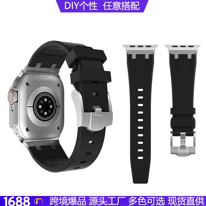 适用苹果手表表带iwatch789SE Ultra2代金属运动液态硅胶表带新品