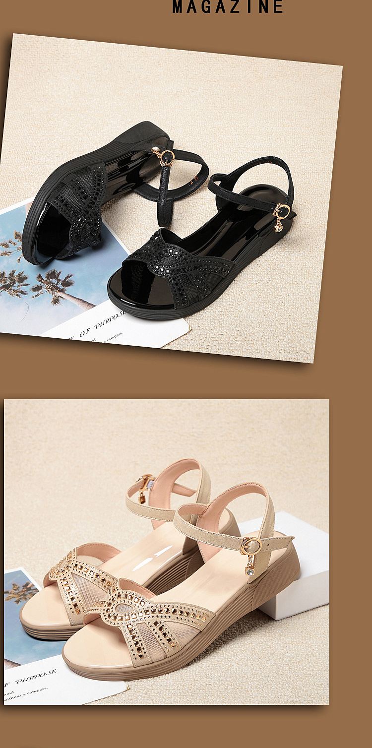 Dép sandal nữ đế mềm da thật chống trơn trượt đế xuồng bệt mùa hè — Màu đen chi tiết 17
