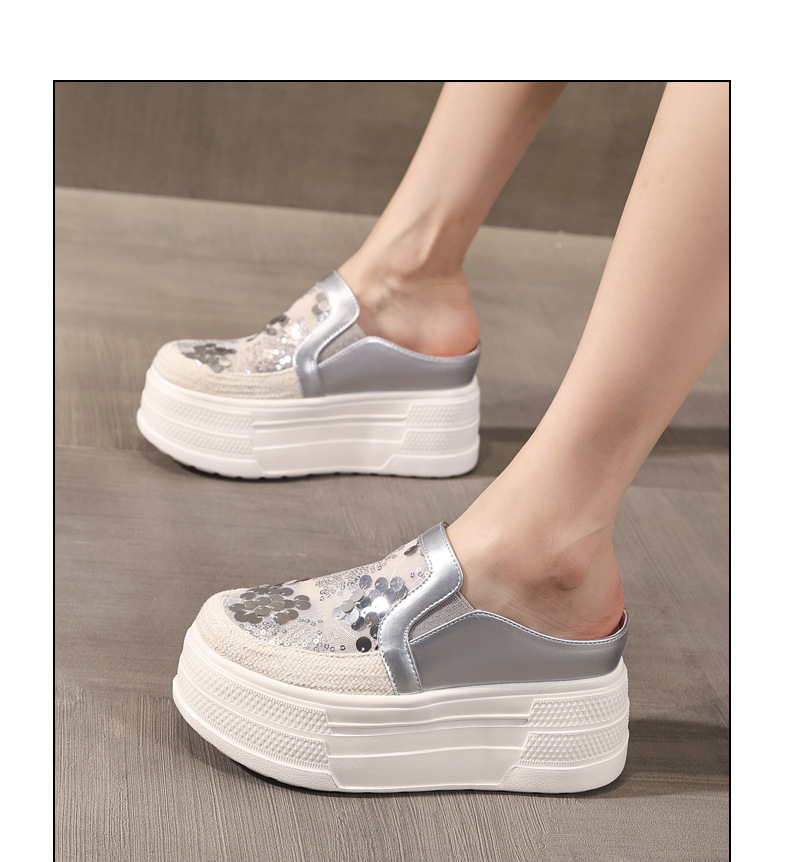 Giày sneaker nữ đế dày tăng chiều cao, kiểu lười một chân, mũi trùm, phối sequin, mùa hè 2026 — màu vàng, bạc chi tiết 12