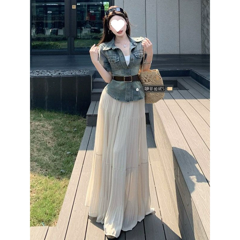 Корейский стиль, джинсовый костюм с короткими рукавами в стиле ретро для женщин, летняя плиссированная юбка с высокой талией, элегантный облегающий топ