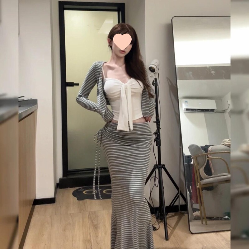 韩版纯欲风系带抹胸背心条纹开衫抽绳半身裙女2025秋季新款三件套|undefined
