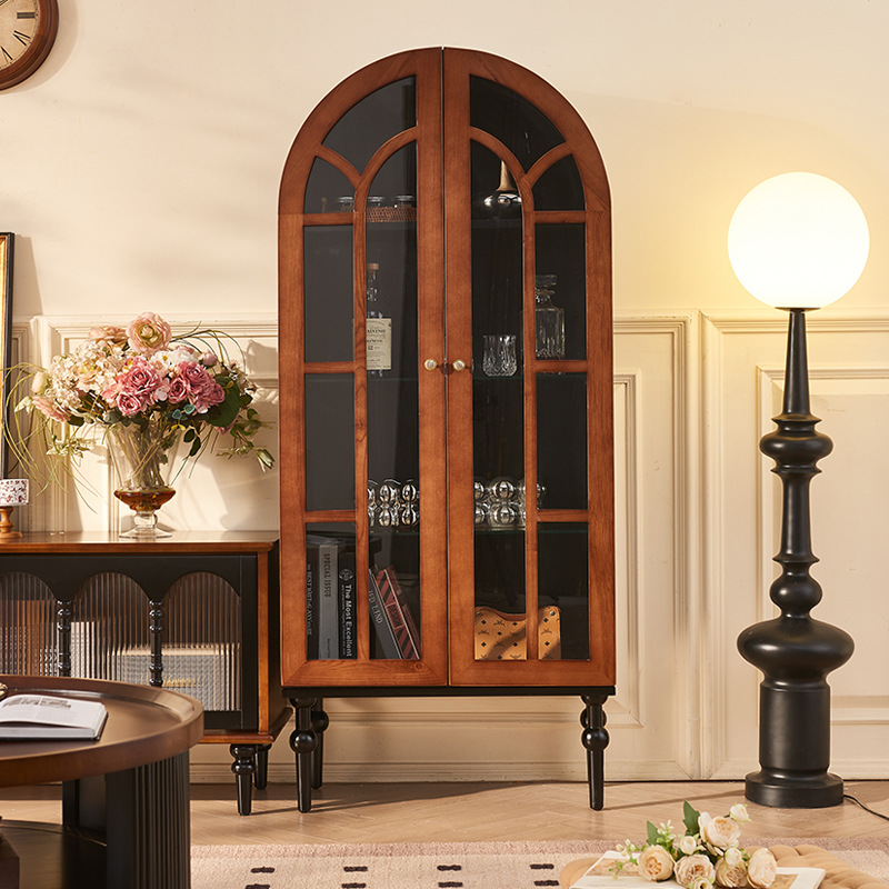 French Style Vintage Solid Wood Wine Cabinet Home Living Room Arch Integrated Display Cabinet High-grade Sense Storage Side Cabinet Foshan Furniture