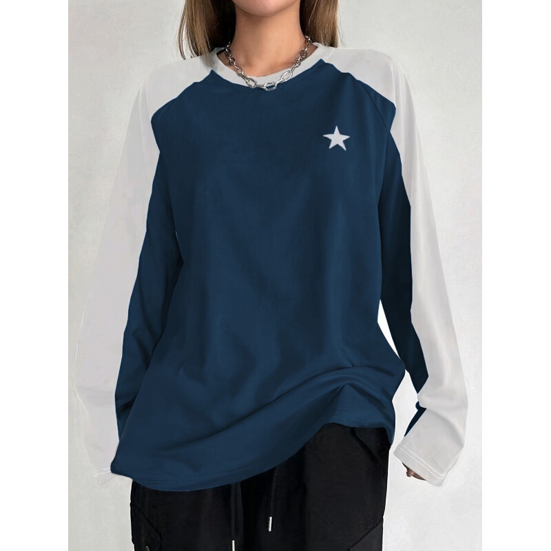 春と秋の新型の色のつなぎ合わせは簡単で、カジュアルな丸首に肩の袖のtシャツを挿します。|undefined
