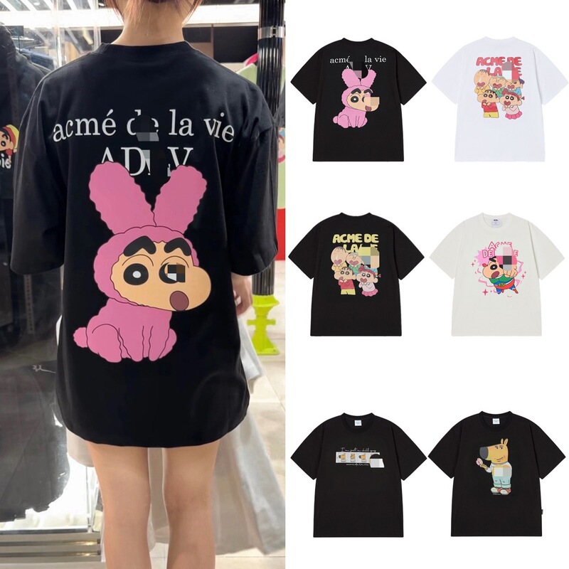 [Genuine Delivery] South Korea adl Crayon Xiaoxin Joint Printed Cotton V Short-sleeved T-shirt Men's and Women's Ins