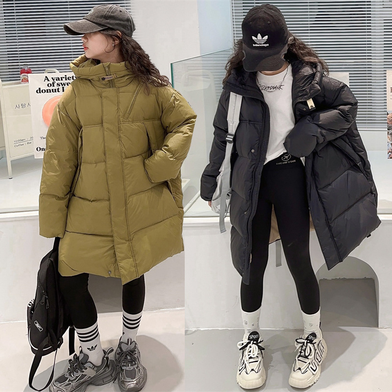 소녀 다운 재킷 2023 서양식 어린이 중 및 롱 화이트 덕 다운 재킷 큰 어린이를위한 따뜻한 겨울 두꺼운 옷 겨울 겨울