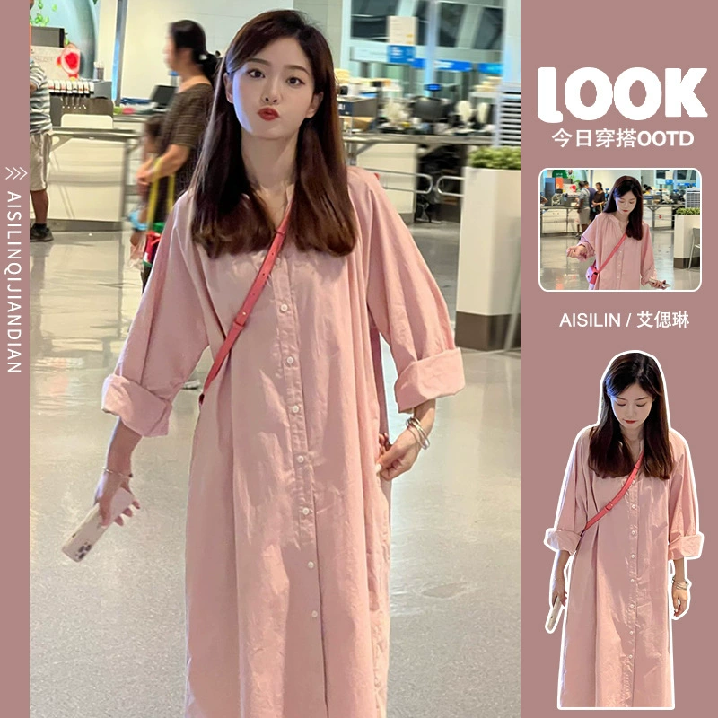 Сексуальное розовое платье-рубашка для маленьких женщин, новинка 2025 года, ранняя летняя одежда, свободная длинная юбка с длинными рукавами