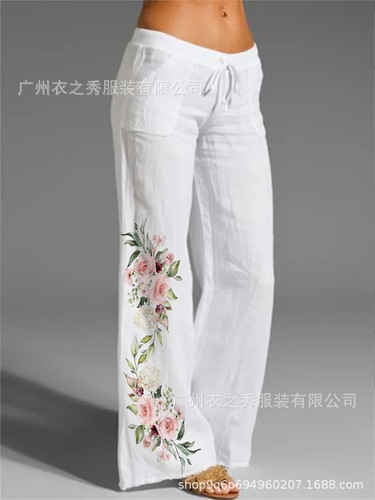  Amazon Wish Cross-border Independent Station Bestselling Retro Cotton Linen Belted Wide-leg Women's Pants