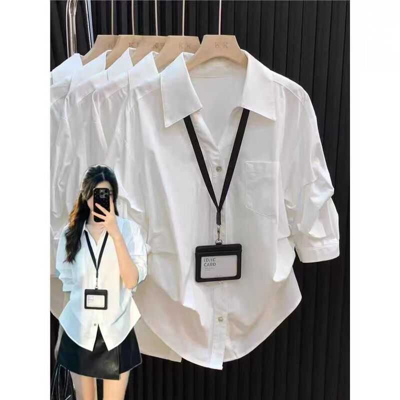 French-style polo collar elegant white shirt for women, spring-summer design, loose fit with ruched waist, three-quarter sleeve top French-style polo collar elegant white shirt for women, spring-summer design, loose fit with ruched waist, three-quarter sleeve top