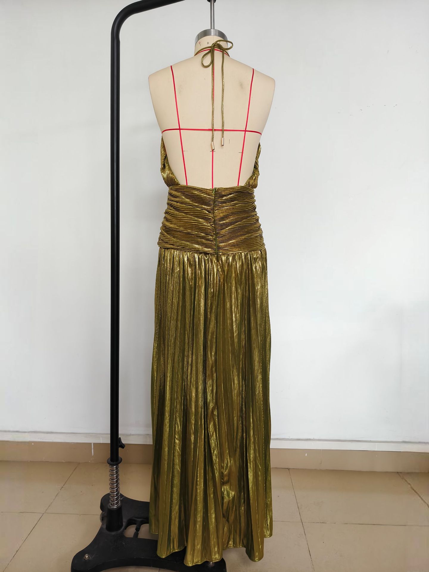​​"Women's Metallic Pleated Sleeveless Dress - Backless Tie Neck High Slit Party Dress, Golden/Pinkish/Ancient Gold/Dark Blue/Lake Blue, XS-XXL"​​_ecoleips.com