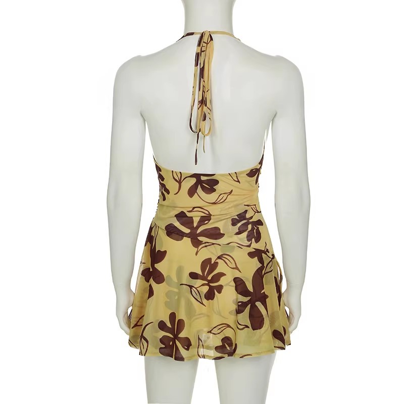 Women's Yellow Ombre Floral Print Cowl Neck Halter Sleeveless Maxi Dress – Boho Summer Resort Gown_ecoleips.com