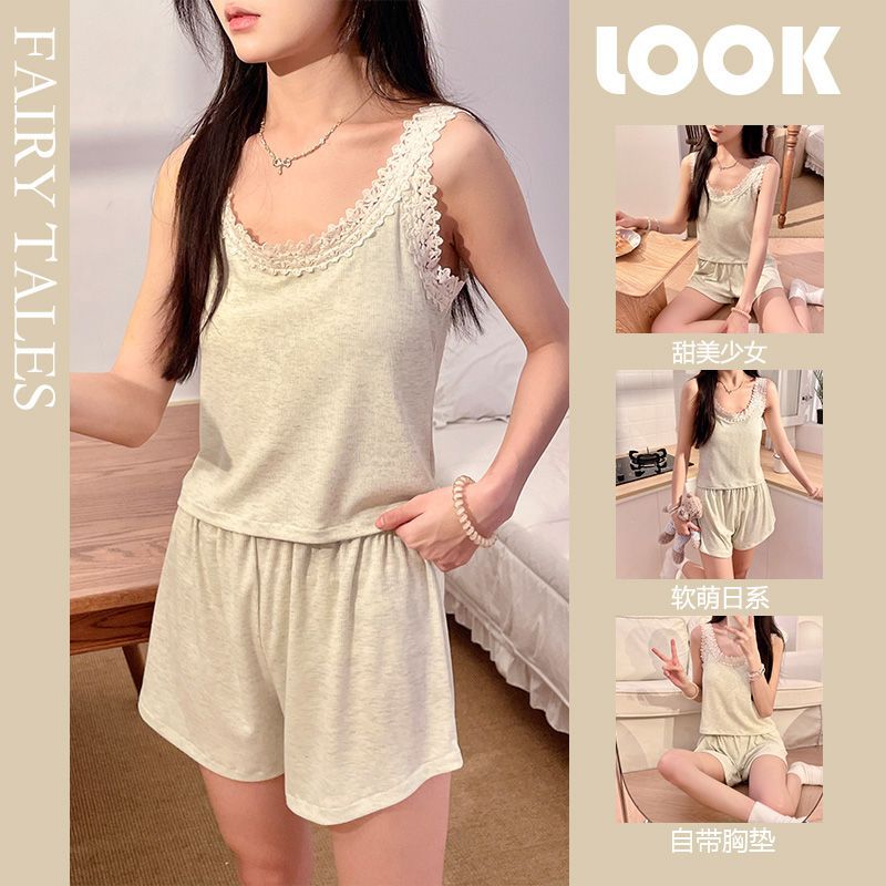 Pijamas de verano al por mayor transfronterizos para mujer, color sólido, simple con almohadilla para el pecho, encaje de tela con cremallera acanalada, traje de servicio a domicilio