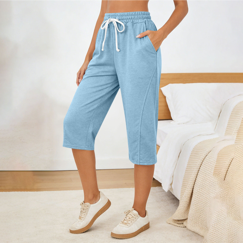 Women's Milk Silk 5-Point Pants with Drawstring Elastic Waist, Casual Sports Pants, Loose Fit with Pockets, Brushed Fabric, Mid-Length Pants, Lazy Style