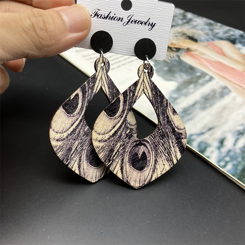Drop Earrings Classification 1 Pair Bohemian Water Droplets Feather Stoving Varnish Hollow Out Wood Drop Earrings