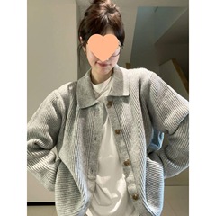 灰色慵懒风翻领针织开衫毛衣秋冬感美式复古cleanfit外套冰丝