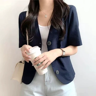 小清新深领棉麻休闲西服空调外套 女2026韩版简约单排扣短袖西装