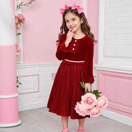 亚马逊eBay新款童公主裙2025秋冬新款女童长袖百褶裙长袖连衣裙