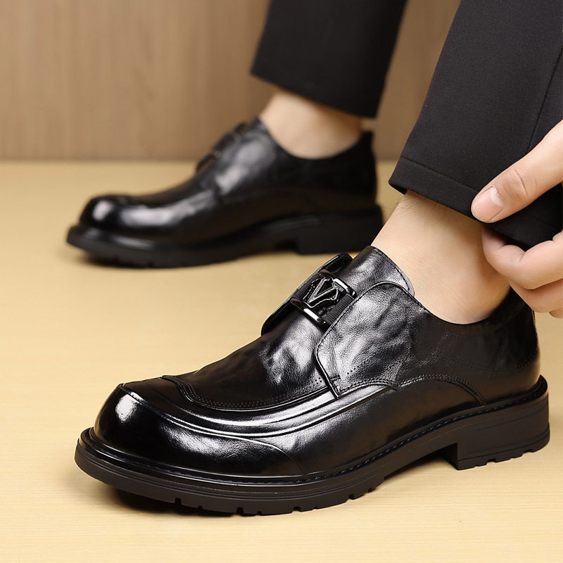 Giày lười nam da bò thật mũi tròn, giày da công sở tăng chiều cao, phong cách thanh lịch — màu đen, nâu