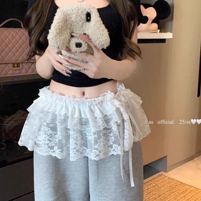 2025 New Lace Fart Curtain Lace Overlapped High-Grade Lace-Up Tutu Dress Jazz Dance Casual Jeans Skirt