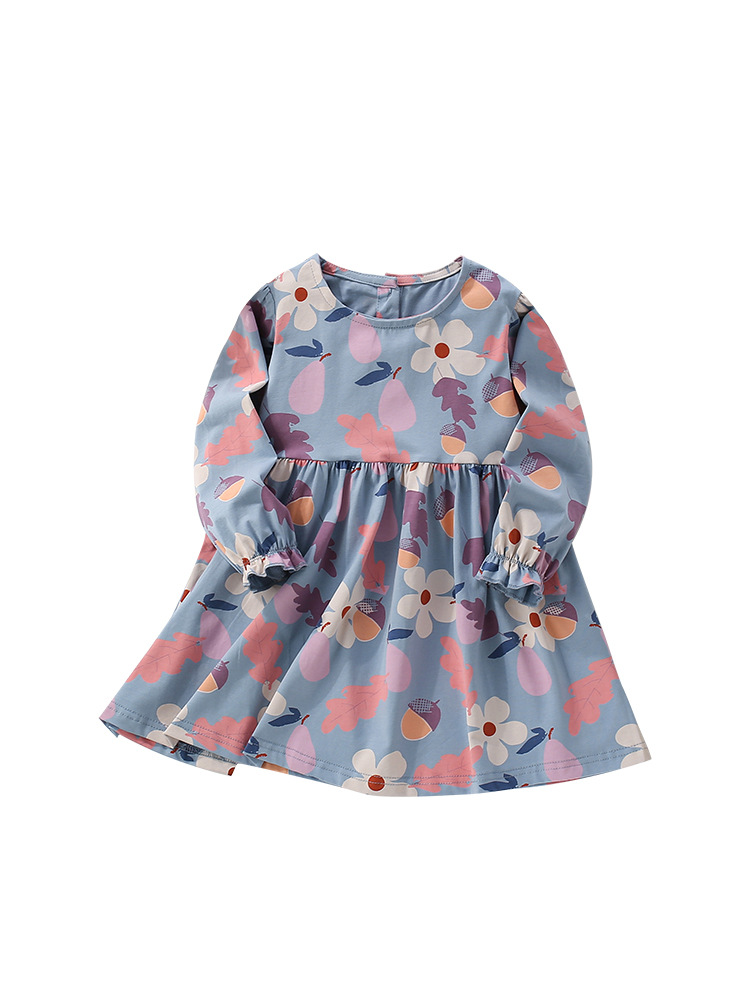 Vestidos de niñas malwee transfronterizos nuevos vestidos de otoño e invierno para niños pequeños y medianos europeos y estadounidenses con cuello redondo y mangas largas lindas impresas en flores y ropa infantil