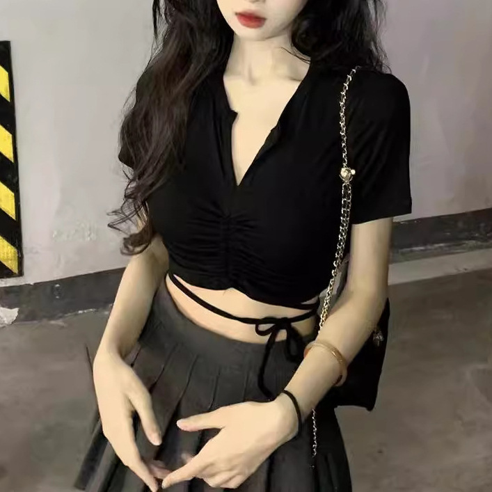 Irregular Drawstring V-neck Shoulder Short-sleeved T-shirt Women's Summer Design Hot Girl High Waist Slim-fit Short Cropped Top Irregular Drawstring V-neck Shoulder Short-sleeved T-shirt Women's Summer Design Hot Girl High Waist Slim-fit Short Cropped Top