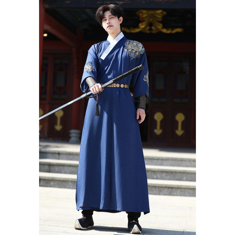 Chinese Style Traditional Blue Straight Collar Large Lapel Shirt Ethnic Style Suit Wristband Belt Ming Dynasty Han Dynasty Men's Style