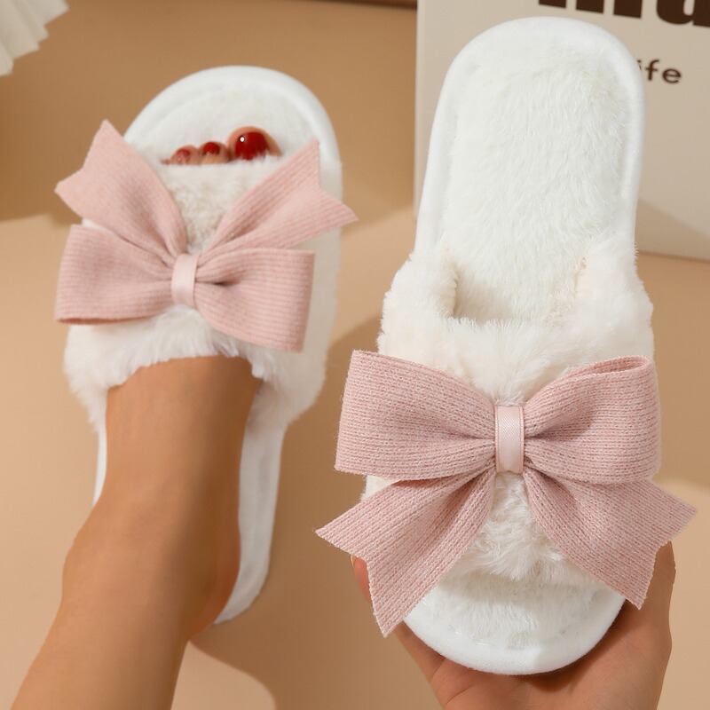 Cotton Slippers for Women in Winter with Cute Bow Girly Heart Indoor Home Warm Thick-Soled Non-Slip Open Slippers for All Seasons