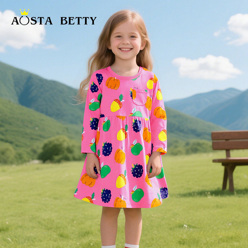 Autumn New Arrival Girls' Long-Sleeved Dress, European and American Style Cartoon Print Children's Princess Dress, Knitted Cotton Round Neck Children's Dress