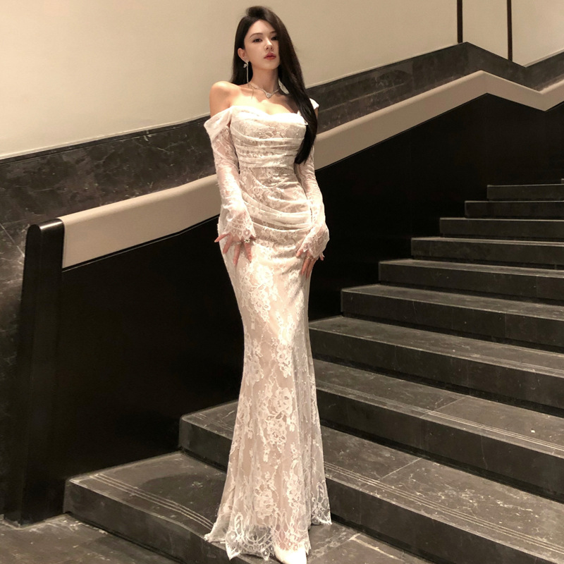 Lace Fishtail dress All-match Birthday Party Dress Light Luxury High-end Niche