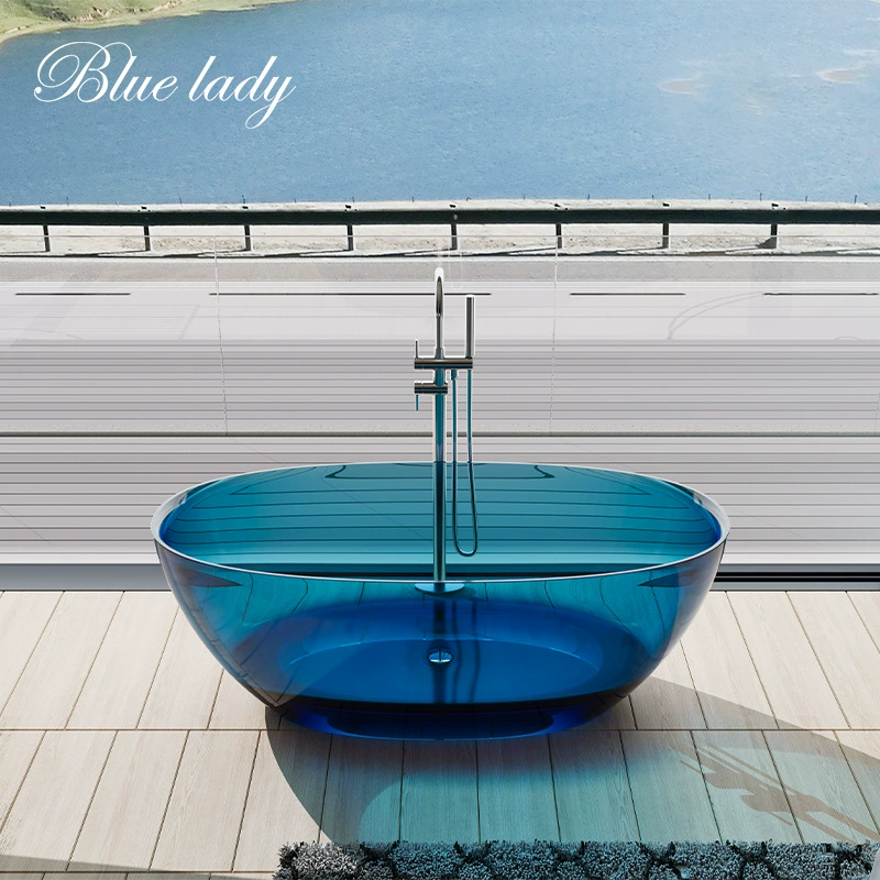 Встроенная независимая ванна из прозрачной смолы с тонкими краями для домашнего использования, гостиницы и ванной комнаты B&B, простой кремовый стиль.