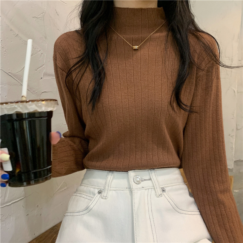 商品详情图_咖色针织衫女设计感小众2022年秋冬新款半高领长