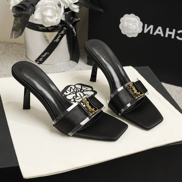 Fashionable elegant women's slippers made of satin square toe…