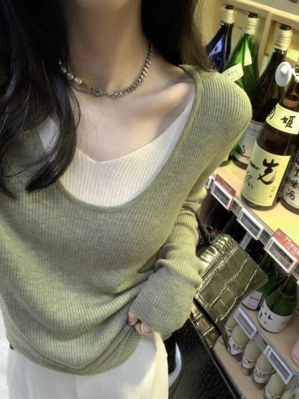 假两件拼接撞色针织衫女春秋设计感小众v领内搭打底衫长袖t恤上衣|undefined