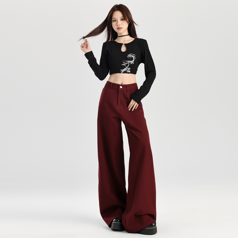 Maillard Angora Red Wide-Leg Jeans for Women 2025 Spring and Summer New High-Waisted Loose Slimming Look Straight-Leg Floor-Length Pants