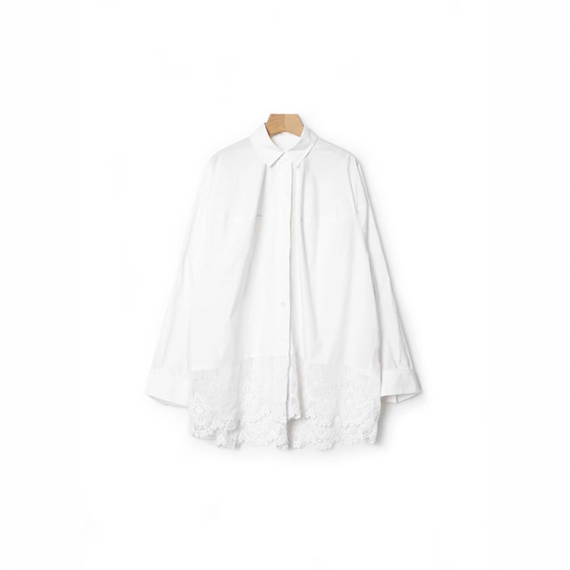 New Style Cotton Lace Splicing Hem Silhouette Shirt White Shirt
