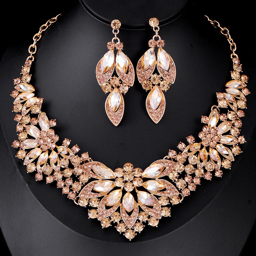 跨境欧美礼服饰品首饰套装 项链耳环两件套 彩色花朵新娘服装配饰