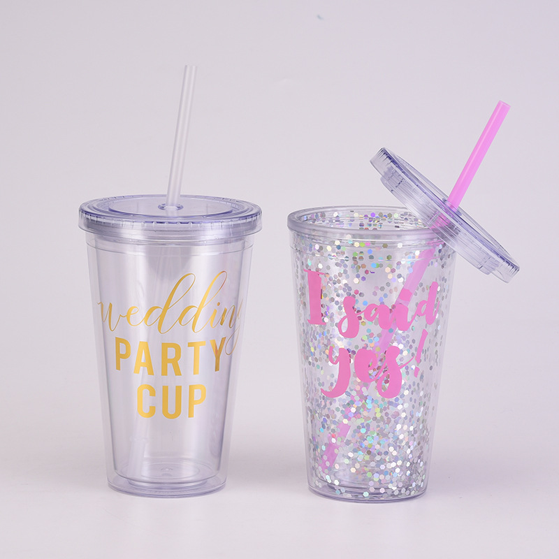 Nuevo regalo transfronterizo taza de boda 16oz doble capa de plástico taza de paja taza transparente simple taza de plástico para las mujeres