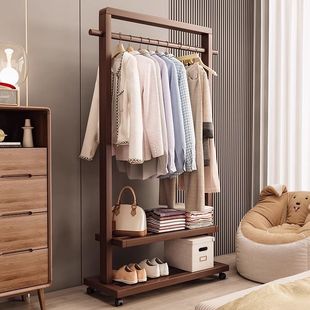 Solid Wood Floor-Standing Coat Rack for Bedroom, Simple Modern New Chinese Style Guesthouse Clothes Rack with Storage, Movable