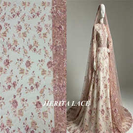 春夏新款fashion轻奢花朵刺绣网面料礼服服装布料french net lace