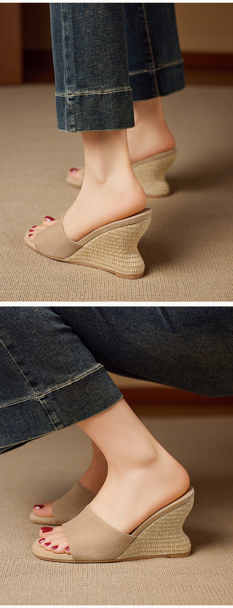 Dép sandal nữ quai ngang gót xuồng cao 9 cm, mũi hở, chất liệu da lộn giả cừu — Hồng, Màu hạnh- chi tiết 9