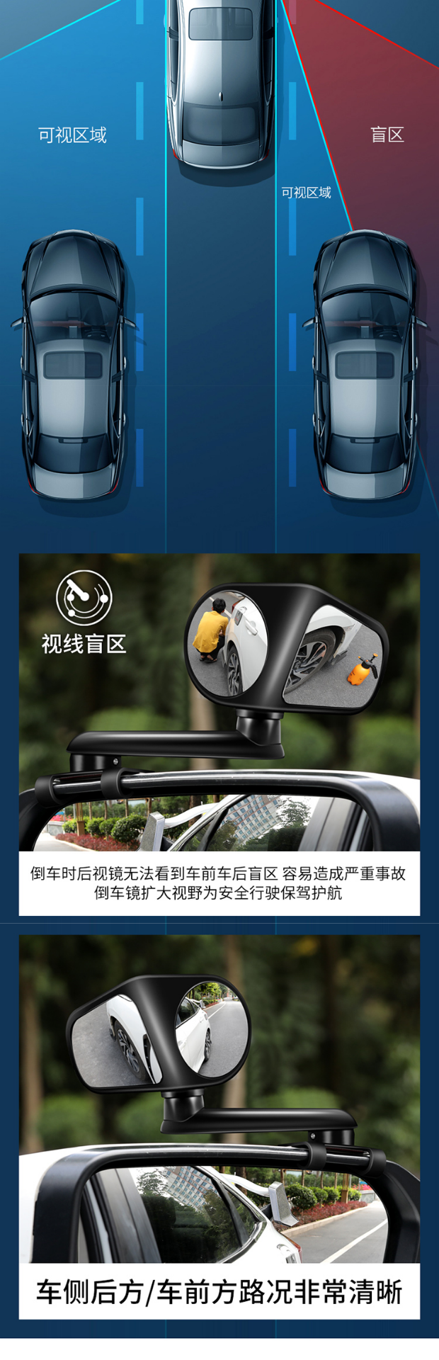 New car front and rear blind spot mirrors, 360-degree rearview mirrors, small round mirrors, multi-functional reversing assist mirrors, rearview mirrors