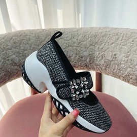 高定品质2025魔术贴水钻方扣休闲运动鞋女松糕厚底增高玛丽珍单鞋