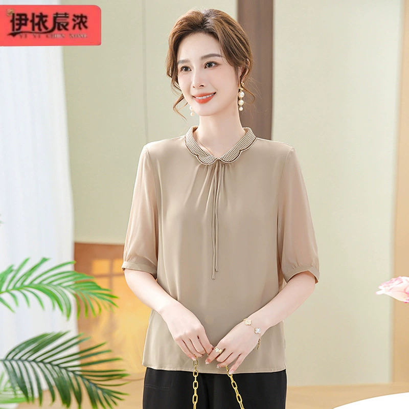 Летняя новая мама одеваются сплошной цвет простой топ с короткими рукавами 45 лет женщины среднего возраста маленькая футболка с отворотом